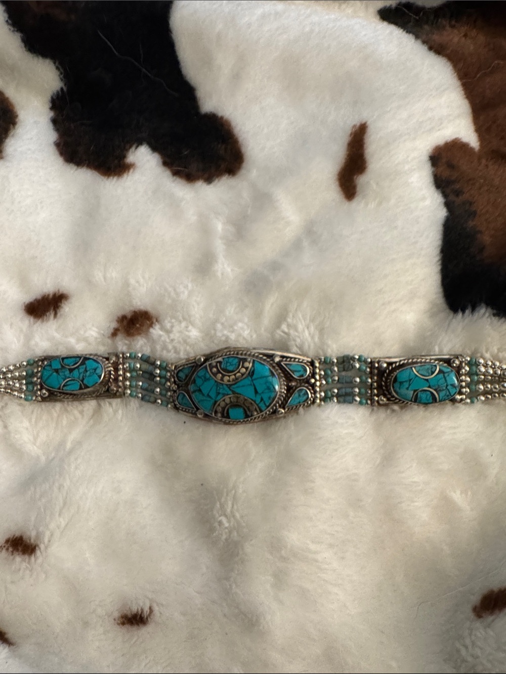 RealTurquoise Inlay Beaded Multi-Panel Bracelet alpaca metal